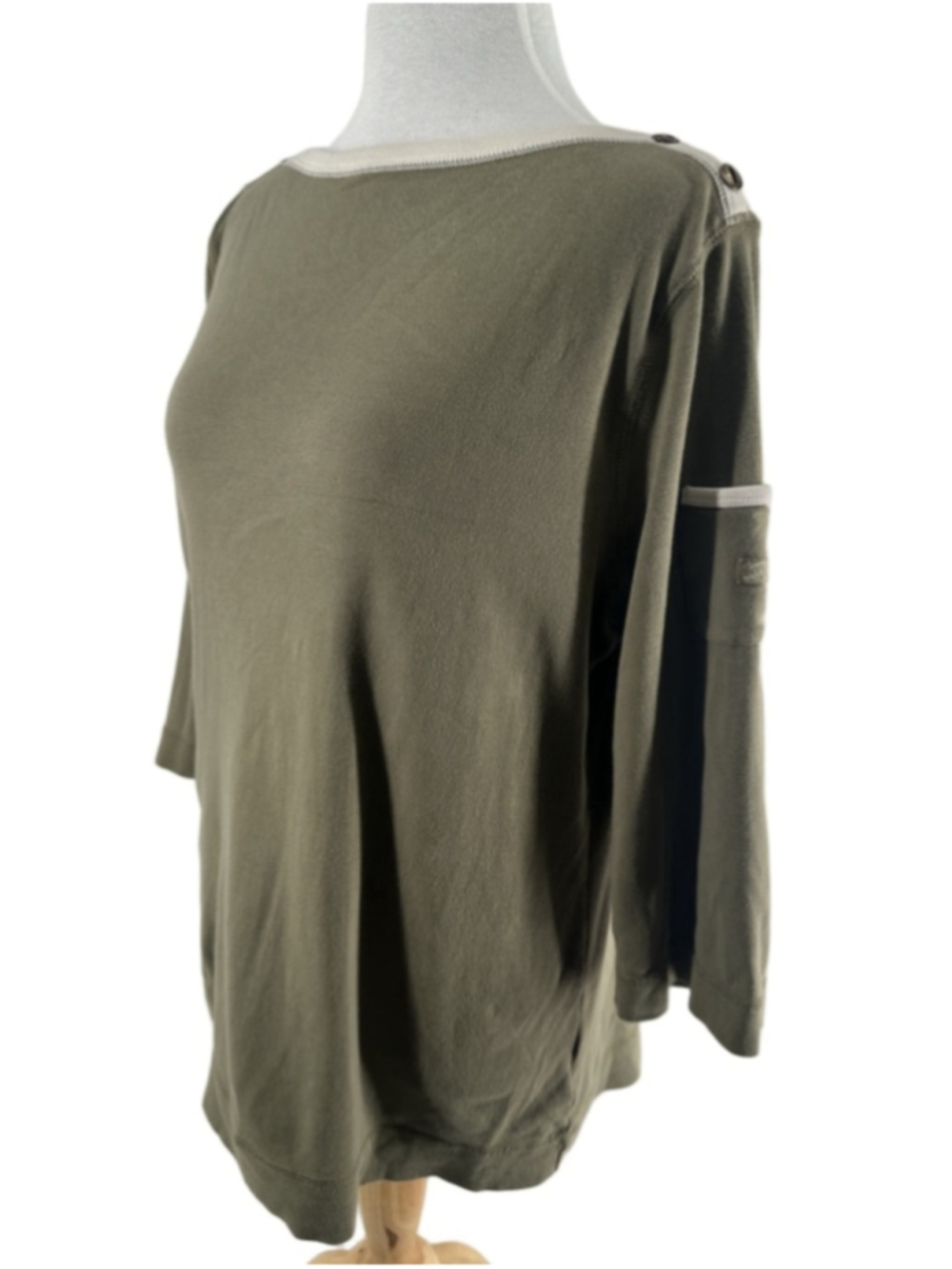 Lauren Ralph Lauren top boat neck button detail Olive Cream Ribbed preppy sz 1X